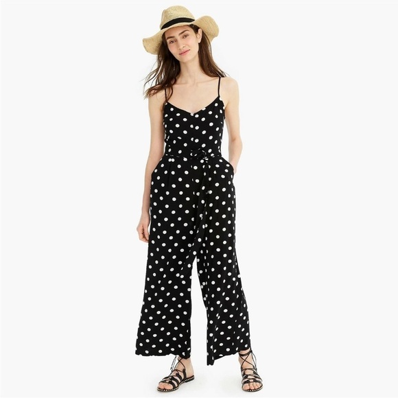 J. Crew Black And White Polka Dot Wide Leg Jumpsuit Size 8T Soft Flowy Comfy - Picture 2 of 9